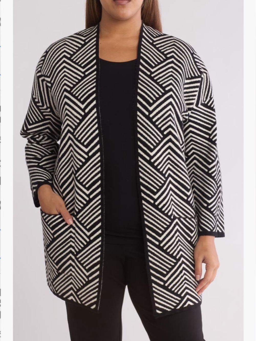 Cyrus Black & White Geometric Open-Front Cardigan